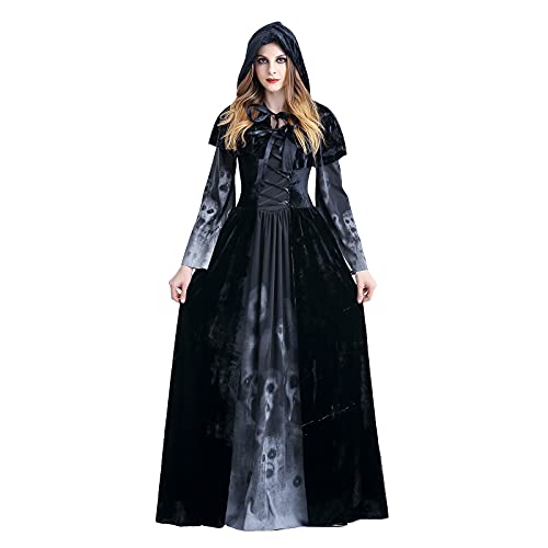 Cexiakong Damen Vampir kostüm Damen Ghostface Kostüm Schwarzer Umhang mit Kapuze aus Samt Zombie Skelett Kostüm Damen Langarm Vampir Kleid Langes Steampunk Kostüm Damen Set von Cexiakong