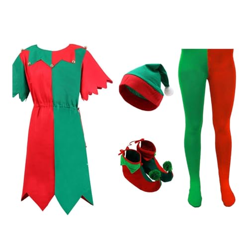 Cexiakong Damen Weihnachtself Elfen Kostüm Tunika und Mütze Damen Elfen Kostüm Weihnachten Weihnachtsmann Helfer Kostüm Weihnachten Kostüm grün rot lange Kleid Mütze Strumpfhosen Weihnachten kleidung von Cexiakong