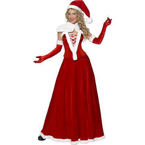 Cexiakong Damen Weihnachtsfrau Deluxe Anzug Mütze Umhang Korsett Rock und Handschuhe Deluxe Miss Santa Claus Anzug Kleid mit Kapuze und Gürtel rot Weihnachten Party Kleider Weihnachten von Cexiakong