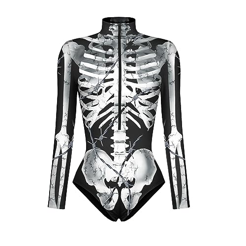 Cexiakong Halloween Oberteile Damen Skelett Overall Lady Catsuit Skull Skelett Jumpsuit Knochen Langarm Skinny Skeleton Catsuit Party Overall Body Anzug Karneval Fasching Karneval Mottoparties Party von Cexiakong