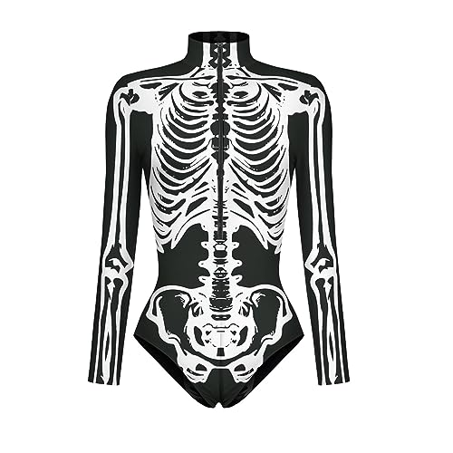 Cexiakong Halloween Oberteile Damen Skelett Overall Lady Catsuit Skull Skelett Jumpsuit Knochen Langarm Skinny Skeleton Catsuit Party Overall Body Anzug Karneval Fasching Karneval Mottoparties Party von Cexiakong