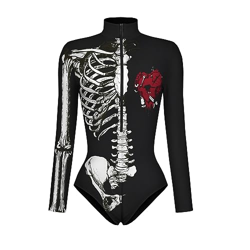 Cexiakong Halloween Oberteile Damen Skelett Overall Lady Catsuit Skull Skelett Jumpsuit Knochen Langarm Skinny Skeleton Catsuit Party Overall Body Anzug Karneval Fasching Karneval Mottoparties Party von Cexiakong