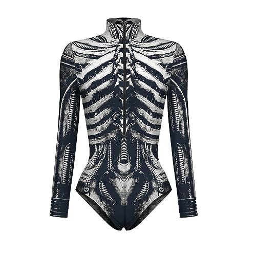 Cexiakong Halloween Oberteile Damen Skelett Overall Lady Catsuit Skull Skelett Jumpsuit Knochen Langarm Skinny Skeleton Catsuit Party Overall Body Anzug Karneval Fasching Karneval Mottoparties Party von Cexiakong