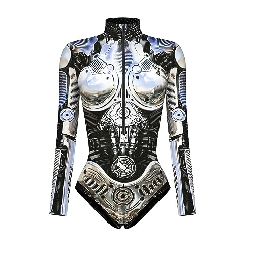 Cexiakong Halloween Oberteile Damen Skelett Overall Lady Catsuit Skull Skelett Jumpsuit Knochen Langarm Skinny Skeleton Catsuit Party Overall Body Anzug Karneval Fasching Karneval Mottoparties Party von Cexiakong