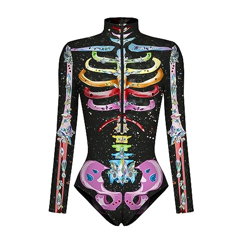 Cexiakong Halloween Oberteile Damen Skelett Overall Lady Catsuit Skull Skelett Jumpsuit Knochen Langarm Skinny Skeleton Catsuit Party Overall Body Anzug Karneval Fasching Karneval Mottoparties Party von Cexiakong