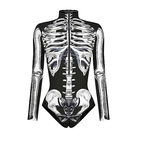 Cexiakong Halloween Oberteile Damen Skelett Overall Lady Catsuit Skull Skelett Jumpsuit Knochen Langarm Skinny Skeleton Catsuit Party Overall Body Anzug Karneval Fasching Karneval Mottoparties von Cexiakong