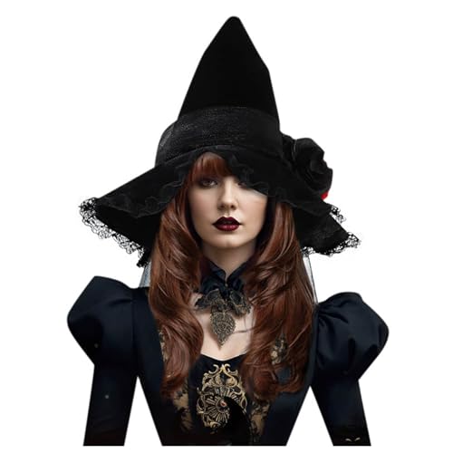 Cexiakong Halloween Outfit Zubehör Hexenhut Schwarz Halloween Gothic Stirnband Halloween Grusel Haarschmuck Black Veil Headband Haarreif mit Rosen Deko Outfitparty Schwarzer Halloween Schleier Viking von Cexiakong