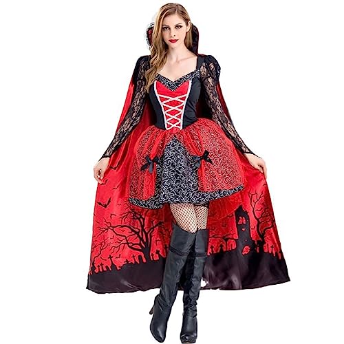 Cexiakong Kostüm Damen Rotkäppchen Kostüm Gothic Kleid Bluse Rock Umhang mit Kapuze Kimono Märchen Rotkäppchen Kostüm Halloween Party Karneval Party Bühnenaufführungen Set von Cexiakong