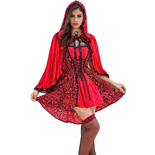 Cexiakong Kostüm Damen Rotkäppchen Kostüm Gothic Kleid Bluse Rock Umhang mit Kapuze Kimono Märchen Rotkäppchen Kostüm Halloween Party Karneval Party Bühnenaufführungen Set von Cexiakong