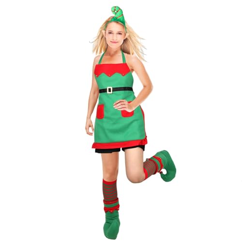 Cexiakong Weihnachtself Kostüm Damen Elfen Kostüm Wichtelmütze Schürze Weihnachten Strümpfe Weihnachten Kostüm Damen Fasching Kostümparty Weihnachten kleidung von Cexiakong