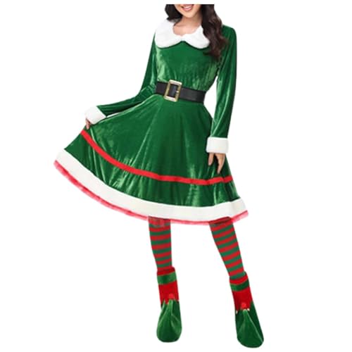 Cexiakong Weihnachtself Kostüm grün rot lange Kleid Mütze Strumpfhosen Cheeky Elf kleidung Little Helper Elfen ElfenKostüm für Herren und Damen Rot Grün mit Glöckchen Weihnachten kleidung von Cexiakong