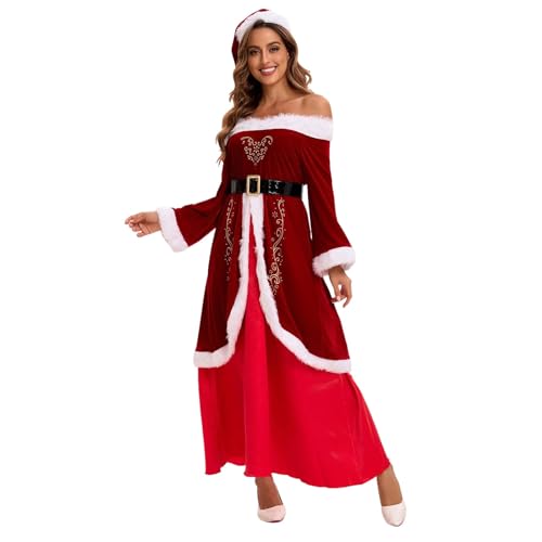 Cexiakong Weihnachtskostüme Damen Weihnachtsfrau Xmas Outfit Set Weihnachtskleid Weihnachten Party Kleider Miss Santa Claus Cosplay Kostüm Mit Gürtel Samt A-Linie Midikleid Karneval Party von Cexiakong