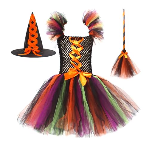 HexenOutfit Girl Halloween Outfit Boy Girl Hexe Outfit mit Hexenkleid Hexehut Handtasche Märchenhexe Girl Outfit für Halloween Karneval Party Fasching Party Set Neujahr von Cexiakong