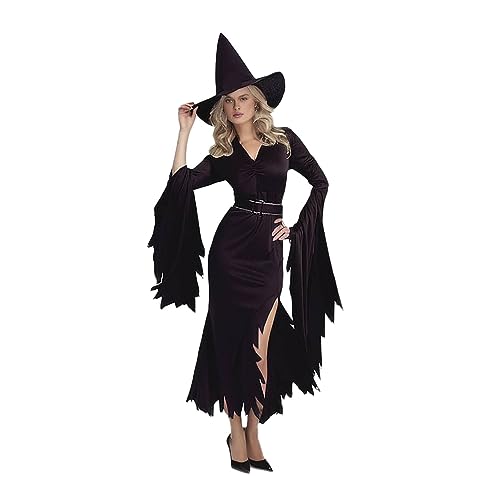 Hexenkostüm Damen Halloween Mit Hexen Hut Fantasy Dress Faschings Bequem Wizard Outfit Mittelalter Kostüm Damen Große Größen Zauberer Kostüm Gruselig Horror Kostüm Gothic Set von Cexiakong