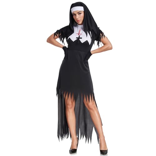 Horror Shop Dämonische Nonne Damenkostüm mit Haube als Verkleidung für Halloween und Fasching Damen Circe Böse Hexe Schwarzer Vampir Halloween MaskenKostüm Set von Cexiakong