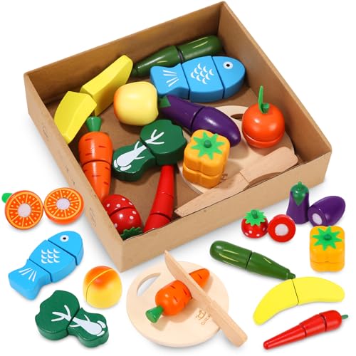 Cexovo Kinderküche Spielküche Zubehör aus Holz,Küchenspielzeug Küche Kinder Holzspielzeug Obst Gemüse Lebensmittel mit Klett-Verbindung Lernspielzeug Rollenspiele Pädagogisches Spielzeug Geschenk von Cexovo