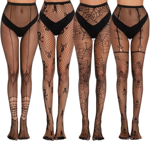 4 Paar Halloween Netz Strumpfhose Totenkopf Spinnen Netzstrumpfhose Schwarz Fishnet Stockings Strumpfhosen Damen Muster Strumpfhose Muster Halloween Kostüm Damen Halloween Kostüm Accessoires von ChAusa