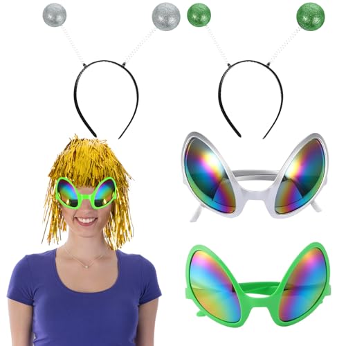 ChAusa 2 Paare Alien Stirnband und Brille, Alien Regenbogenlinse Sonnenbrille, Alien Stirnband in Silber und Grün, Martian Antenne Stirnband für Party Atmosphären Requisiten mit Alien-Motto von ChAusa