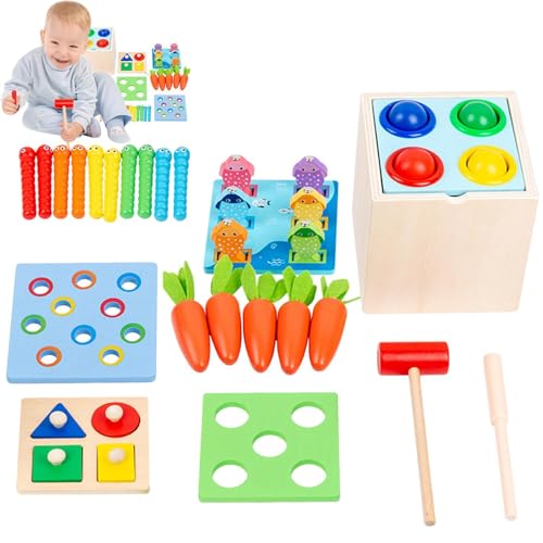 Chaies 5-in-1-Spielset aus Holz - Langlebige -Box Holzspielzeug,-Spielzeug für Babys über 1 Jahr enthält eine Aufbewahrungsbox für Objekte, eine Münzbox, eine Karottenernte, einen Fangwurm und einen von Chaies