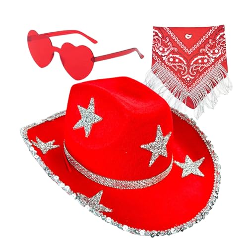 Chaies Glitzernde Cowboyhüte für Damen, glitzernde Cowgirl-Mütze,3X Strass-Stern-Quasten-Bandana | Bling Cowgirl-Hut, Halloween-Partykostüm für Halloween-Rolle von Chaies