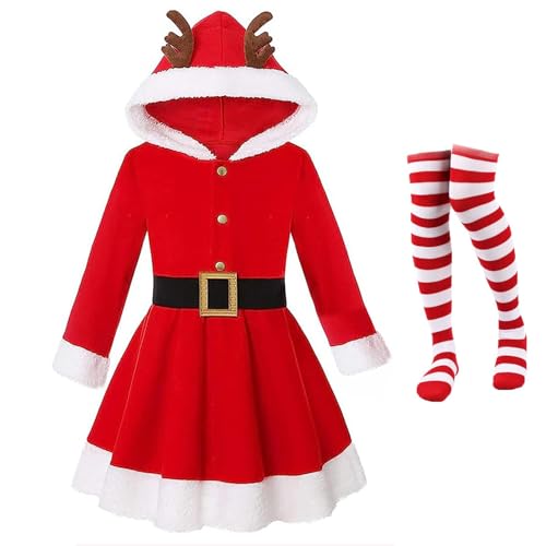 Chaies Mädchen-Weihnachtsmann-Kleid mit Geweih, Mädchen-Weihnachtsmann-Kostümkleid | Weihnachtsmann-Kostüm für Mädchen mit rotem Geweih - Saisonales modisches Weihnachtsmann-Kleid mit schwarzem Gürtel von Chaies