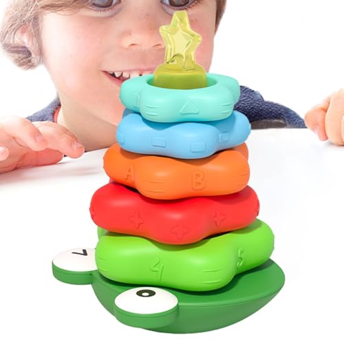 Chaies Regenbogen-Stapelringe-Spielzeug, Stapelturm für frühpädagogisches Lernen, Regenbogen-Stapelspielzeug, Froschturm mit Handrassel, sensorisches Spielzeug für Kinder von Chaies