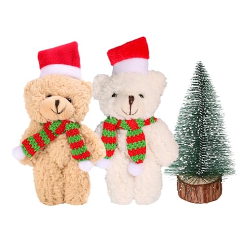 Chaies Weihnachtsbär Stofftier,Weihnachtsbär Plüschtier | 2X kleine Bären mit Weihnachtsmütze und Schal,Weiches Bären- und Weihnachtsbaum-Set für Wohnzimmer, Schlafzimmer von Chaies