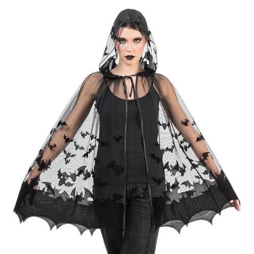 Chaks - Fledermaus Kostüm Umhang, Cape mit Kapuze, schwarze Vampir Accessoires für Damen, Halloween und Karneval Chaks - Fledermaus Kostüm Umhang, Cape mit Kapuze, schwarze Vampir Accessoires für Damen, Halloween und Karneval von Chaks