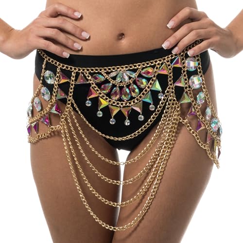 Chaks – Goldene Bikini Körperkette für Frauen mit funkelnden bunten Kunststoff Diamanten für Festivals & Strandpartys Chaks – Goldene Bikini Körperkette für Frauen mit funkelnden bunten Kunststoff Diamanten für Festivals & Strandpartys von Chaks