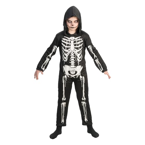 Chaks - Kinderkostüm Skelett mit Kapuze, Einteiler in Schwarz mit Knochen-Print, Verkleidung für Halloween & Karneval Chaks - Kinderkostüm Skelett mit Kapuze, Einteiler in Schwarz mit Knochen-Print, Verkleidung für Halloween & Karneval von Chaks