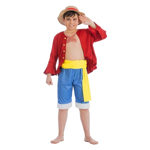 Chaks One Piece Kostüm Ruffy Strohhut Monkey D. Ruffy für Kinder Gr. 128-152 Anime Lizenz-Kostüm Manga Cosplay Fasching (128), Mehrfarbig von Chaks