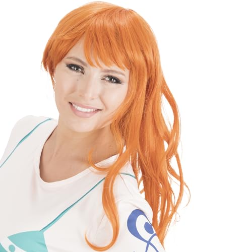 Chaks One Piece Perücke Piratin Nami Langhaar-Perücke braun-orange für Damen Kostüm-zubehör Fasching Karneval Cosplay Lizenz-Perücle von Chaks