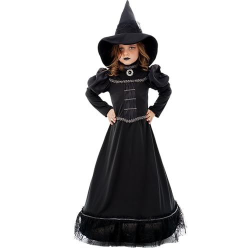 Chaks Schwarze Hexe Witch Halloween-Hexe mit Hut für Kinder Gr. 152 Kleid schwarz FAsching Karneval Halloween von Chaks