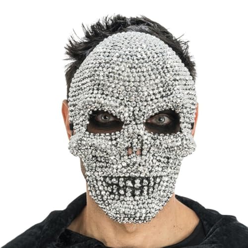 Chaks Totenkopf-Gesichtsmaske mit Strasssteinen, 16 x 24,5 cm, Silber für Erwachsene, Kostümzubehör, Cosplay für Halloween, Thema: Skelett von Chaks