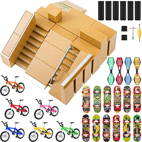 Chalyna 37 Stück Skate Park Kit Finger Skateboard Rampe Fingerboard Skatepark Finger Boarding Skate Park Mini Finger Spielzeug Set, Finger Fahrrad Skateboards Schaukelbrett mit Einstellwerkzeuge von Chalyna