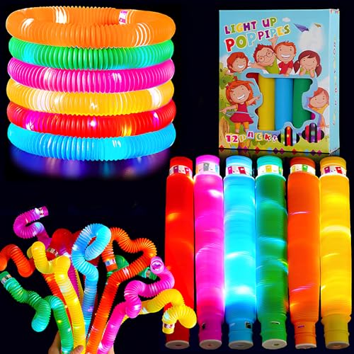 12 Stücke LED Röhrens,Flexibel Röhren Sensorik Spielzeug für Kinder,Dehnbar Schnur Fidget Toys für Stressabbau,LED Stretchrohr Röhrchen Knicklichter Party Set Mitgebsel Kinder Geburtstag Festival Deco von ChaneeHann