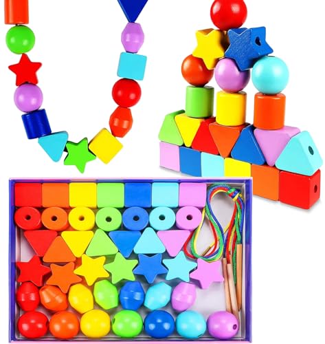 ChaneeHann 42 Stück Holzperlen Fädelspiel,Montessori Holzspielzeug,Motorikspielzeug Geschenk,für Kinder Lernspielzeug Holzspielzeug und Geburtstag Einfädeln Spielzeug ab 3 Jahre von ChaneeHann