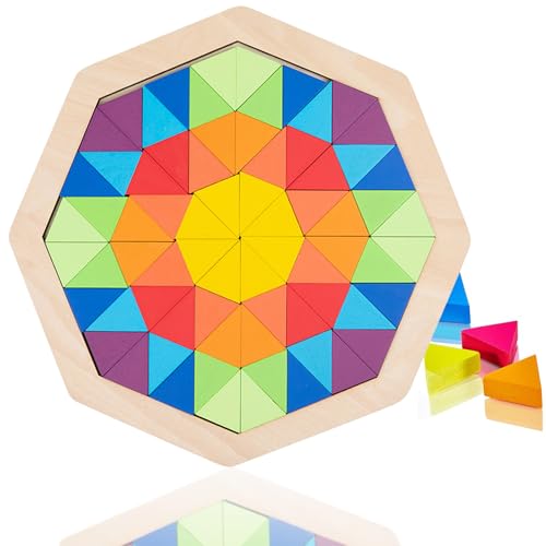 Holzpuzzle Kinder,Tangram Kinder Geometrische Puzzle Blöcke Fördert Phantasie und logisches Denken,Knobelspiele Holz Regenboge Brain Teaser Spielzeug Geschenk für Jungen Mädchen ab 3 Jahre von ChaneeHann