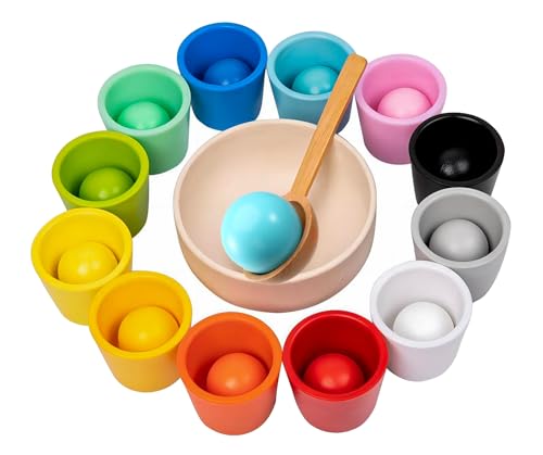 ChaneeHann Montessori Spielzeug 2 Jahre, Holz Sortier Stapelspielzeug,Montessori Spielzeug Baby, 12 Kugeln 35 mm Regenbogen Holzkugeln in Tassen, Sensorik Spielzeug & Lernspielzeug für Vorschule von ChaneeHann