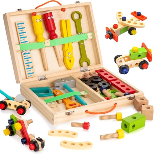 Werkzeugkoffer Kinder,Holzspielzeug Kinderwerkzeug Lernspiele Spielzeug mit Werkzeug und Spielzeugauto,Tragebar Werkzeugkasten Kinderspielzeug ab 3 4 5 6 Jahre Weihnachten Geschenk für Jungen Mädchen von ChaneeHann