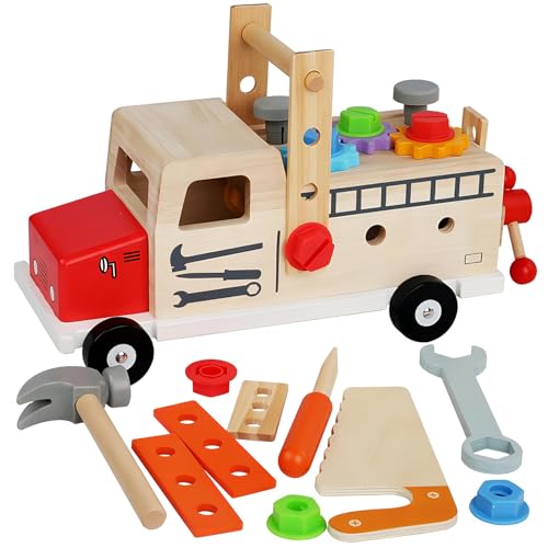 Werkzeugkoffer Kinder,Holzspielzeug Werkzeugkoffer Kinder,Holz Autotransporter Auto Mit Spielzeugauto Aus Holz Und Abnehmbarer Mutter,DIY Kinderwerkzeug,FüR Spielzeug Ab 3 4 5 6 Jahre Jungen MäDchen von ChaneeHann