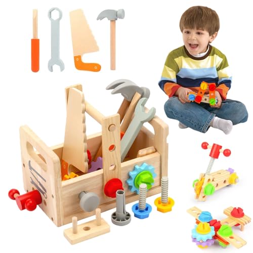 Werkzeugkoffer Kinder Holz,Holzspielzeug,DIY Kinder-Reparatur-Werkzeugkasten Aus Holz,24 Stück Werkbank Kinderwerkzeug Set Mit Holzwerkzeug Und Werkzeugkasten,FüR Holzspielzeug Spielzeug Ab 2 Jahre von ChaneeHann