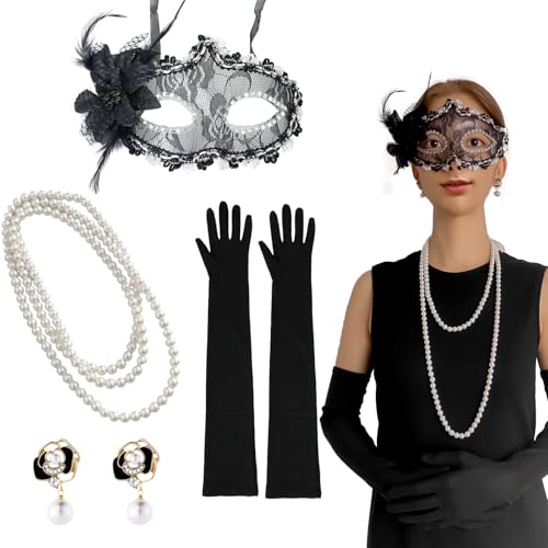 Chanseen 1920er Jahre Great Gatsby Zubehör Flapper Kostüm für Damen Schwarz Lange Handschuhe Lange Perlenketten Perle Baumeln Ohrringe Spitze Maskerade Maske für Halloween Dress Up Cosplay Partys von Chanseen