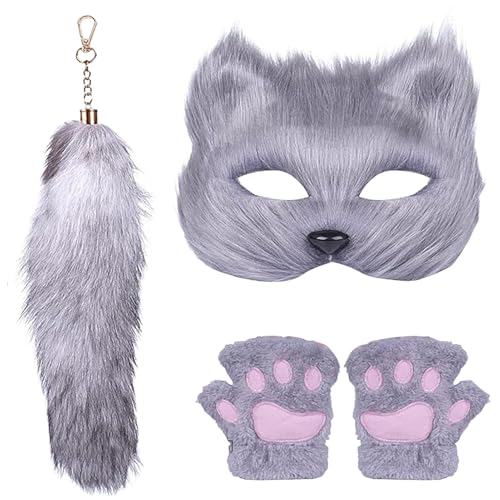 Chansunokku Kunstpelz Fuchs Maske Wolf Cosplay, Flauschiger Schwanz Und Krallen Set, Halloween Party Fuchsschwanz Cosplay Kostüm, Lustiges Tierschwanz Für Kinder Erwachsene (Grau) von Chansunokku