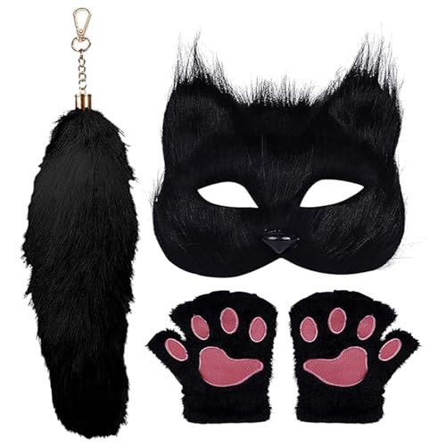 Chansunokku Kunstpelz Fuchs Maske Wolf Cosplay, Flauschiger Schwanz Und Krallen Set, Halloween Party Fuchsschwanz Cosplay Kostüm, Lustiges Tierschwanz Für Kinder Erwachsene (Schwarz) von Chansunokku