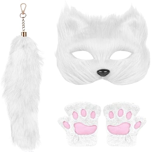 Chansunokku Kunstpelz Fuchs Maske Wolf Cosplay, Flauschiger Schwanz Und Krallen Set, Halloween Party Fuchsschwanz Cosplay Kostüm, Lustiges Tierschwanz Für Kinder Erwachsene (Weiß) von Chansunokku