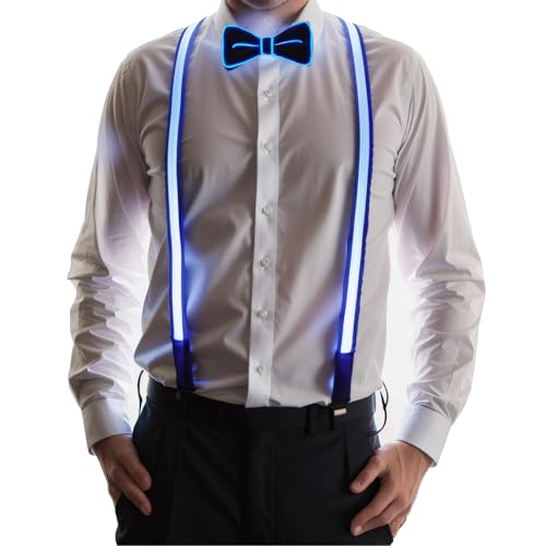 2 Stück/Set Leuchtende LED Hosenträger Herren und Fliege, Silvester Outfit Hosenträger Herren Accessoires Glitzer Hosenträger LED Fliege Herren, Glitzer Outfit Herren LED Party Accessoires Karneval von Charfia