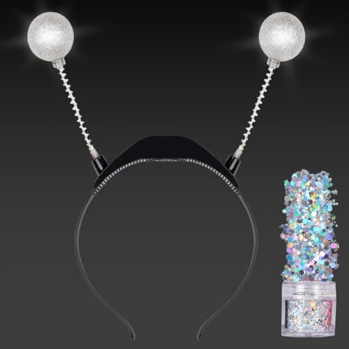 Alien Kostüm Damen, Leuchtende Alien Haarreif Space Girl Kostüm Damen Herren Kinder, LED Weltall Kostüm Damen Silvester Haarschmuck Haarreif, Glitzer Disco Bälle Accessoire Fasching Karneval Halloween von Charfia