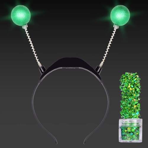 Alien Kostüm Damen, Leuchtende Alien Haarreif Space Girl Kostüm Damen Herren Kinder, LED Weltall Kostüm Damen Silvester Haarschmuck Haarreif, Glitzer Disco Bälle Accessoire Fasching Karneval Halloween von Charfia