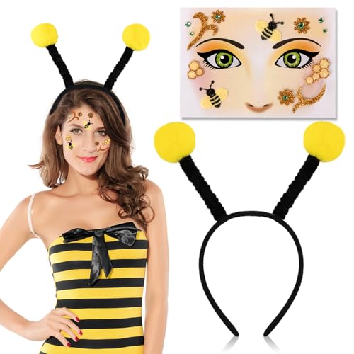 Bienen Kostüm Damen Accessoire, Bienen Haarreif Erwachsene Kinder und Gesicht Tattoo Bienenkostüm Erwachsene Kinder Haarreif Fasching Damen Kostüm Biene Fühler Haarreif Damen Bienen Tattoo Gesicht von Charfia